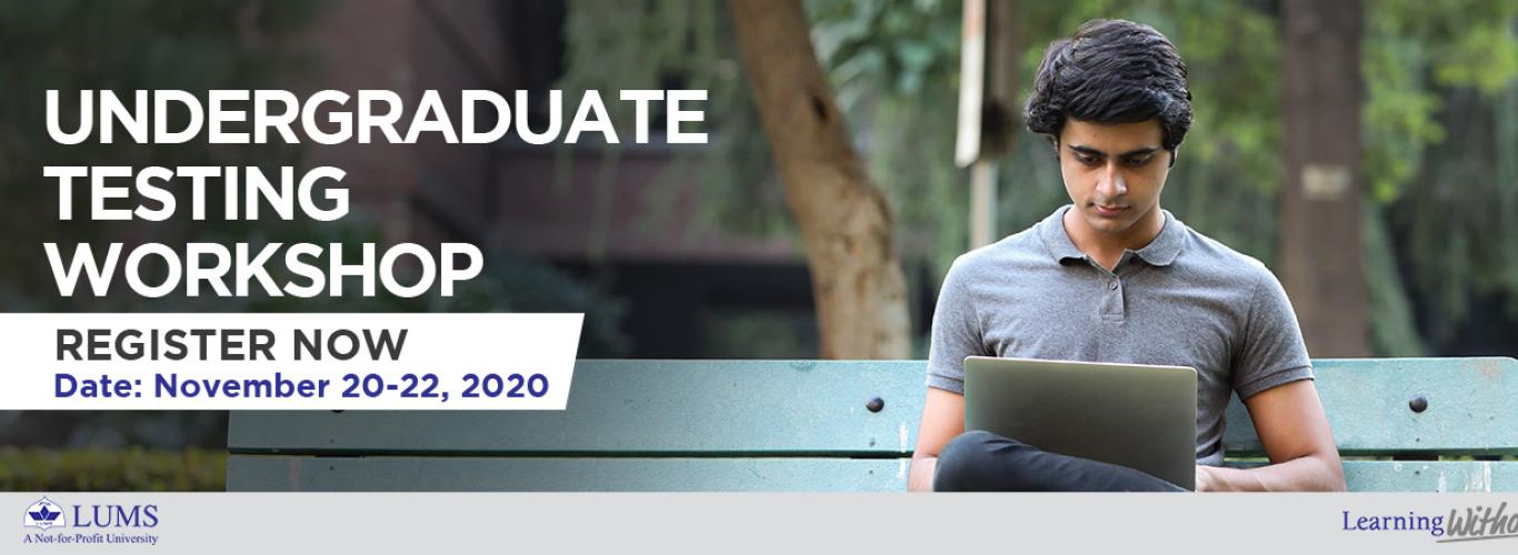 Workshop date and name in white text along with picture of male student sitting on a bench working on his laptop