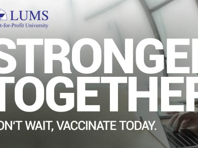 Stronger Together Don't Wait, Vaccinate Today, written in bold white letters on a gray background