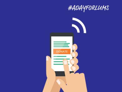 A phone icon and the campaign hashtag #ADayForLUMS written in white over a blue background